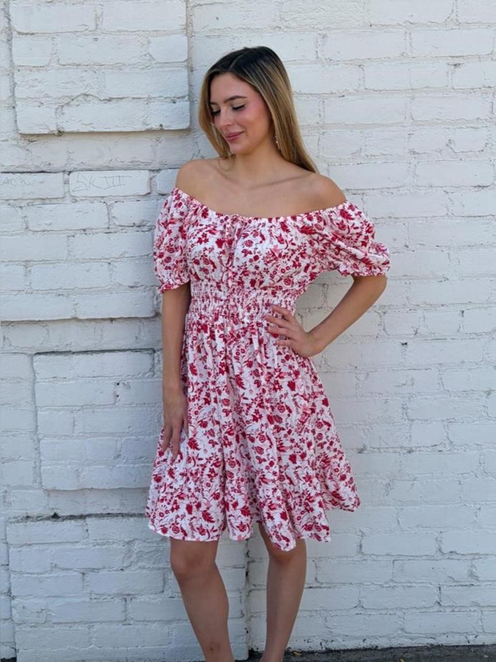 white + red milkmaid ruffled mini dress with red floral print Sz M #summer #spri